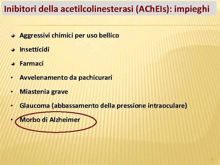 Inibitori della acetilcolinesterasi (ACh. EIs): impieghi Aggressivi chimici per uso bellico Insetticidi Farmaci •