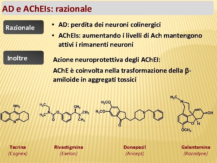 AD e ACh. EIs: razionale Razionale • AD: perdita dei neuroni colinergici • ACh.