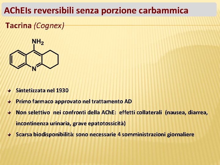 ACh. EIs reversibili senza porzione carbammica Tacrina (Cognex) Sintetizzata nel 1930 Primo farmaco approvato