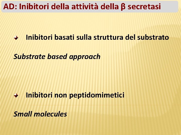 AD: Inibitori della attività della β secretasi Inibitori basati sulla struttura del substrato Substrate