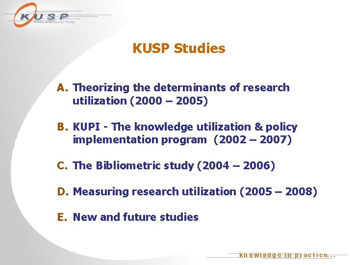 www. ualberta. ca/~kusp KUSP Studies A. Theorizing the determinants of research utilization (2000 –