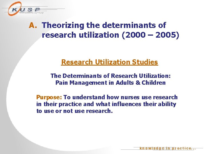 www. ualberta. ca/~kusp A. Theorizing the determinants of research utilization (2000 – 2005) Research