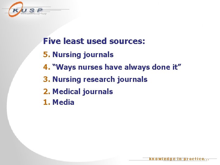 www. ualberta. ca/~kusp Five least used sources: 5. Nursing journals 4. “Ways nurses have