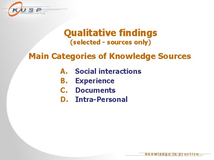 www. ualberta. ca/~kusp Qualitative findings (selected - sources only) Main Categories of Knowledge Sources