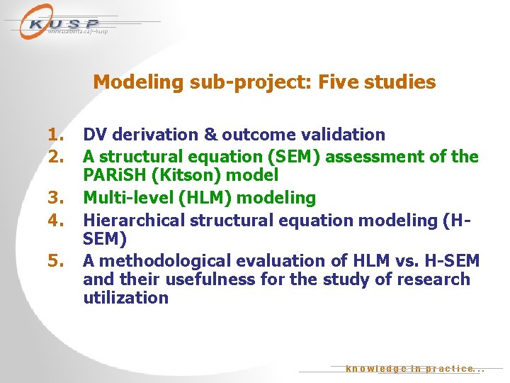 www. ualberta. ca/~kusp Modeling sub-project: Five studies 1. 2. 3. 4. 5. DV derivation