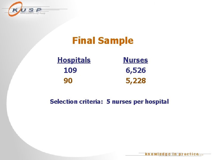 www. ualberta. ca/~kusp Final Sample Hospitals 109 90 Nurses 6, 526 5, 228 Selection
