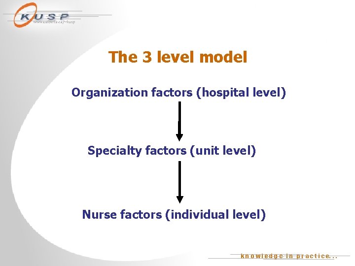 www. ualberta. ca/~kusp The 3 level model Organization factors (hospital level) Specialty factors (unit