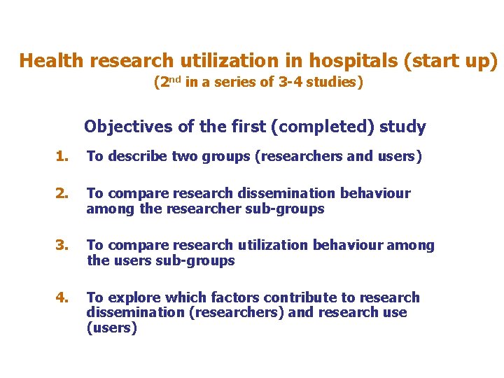 Health research utilization in hospitals (start up) (2 nd in a series of 3