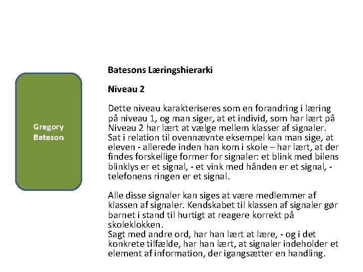 Batesons Læringshierarki Niveau 2 Gregory Bateson Dette niveau karakteriseres som en forandring i læring