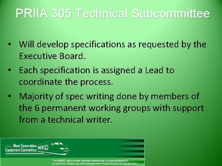 Section 305 Technical Subcommittee Progress Report Charlie King
