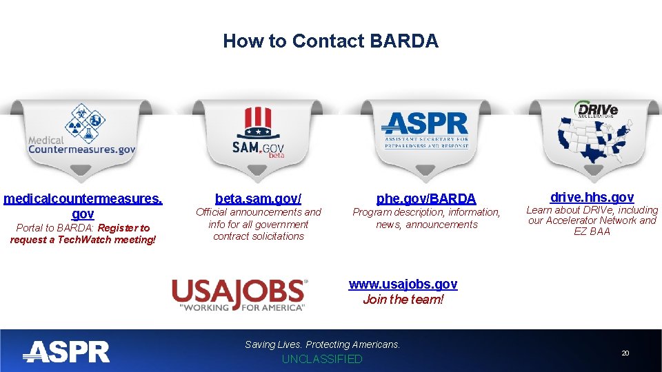 How to Contact BARDA medicalcountermeasures. gov Portal to BARDA: Register to request a Tech.