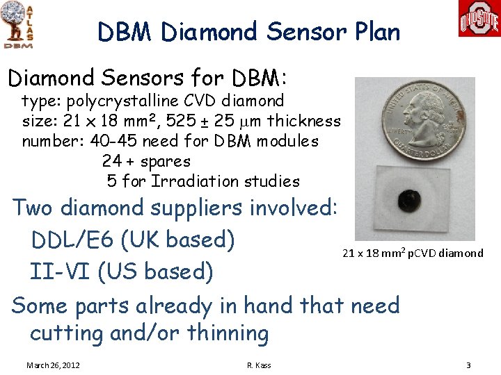 DBM Diamond Sensor Plan Diamond Sensors for DBM: type: polycrystalline CVD diamond size: 21