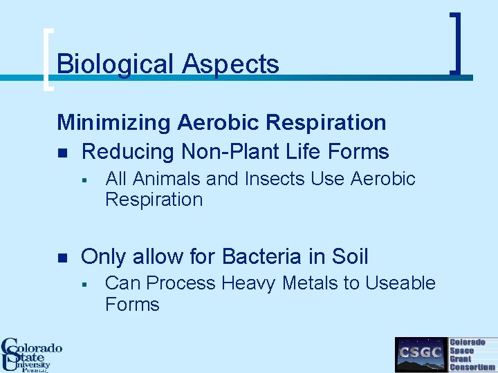 Biological Aspects Minimizing Aerobic Respiration n Reducing Non-Plant Life Forms § n All Animals