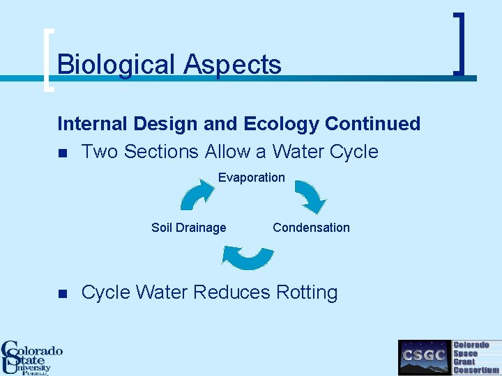 Biological Aspects Internal Design and Ecology Continued n Two Sections Allow a Water Cycle
