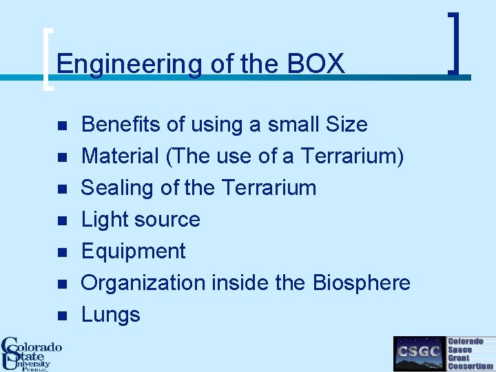 Engineering of the BOX n n n n Benefits of using a small Size