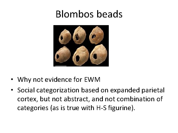 Blombos beads • Why not evidence for EWM • Social categorization based on expanded