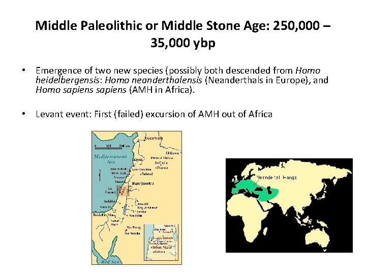 Middle Paleolithic or Middle Stone Age: 250, 000 – 35, 000 ybp • Emergence