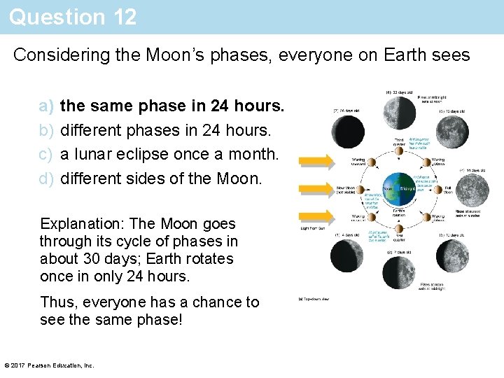 Question 12 Considering the Moon’s phases, everyone on Earth sees a) b) c) d)