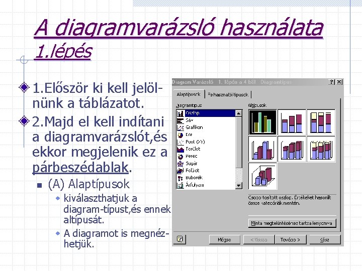 A diagramvarázsló használata 1. lépés 1. Először ki kell jelölnünk a táblázatot. 2. Majd