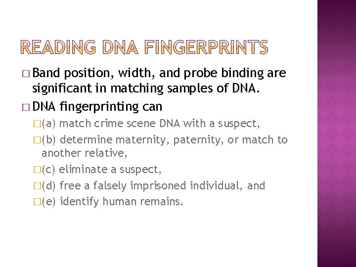 � Band position, width, and probe binding are significant in matching samples of DNA.