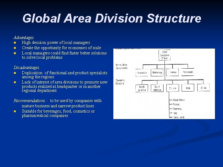 Global Area Division Structure Advantages n High decision power of local managers n Create