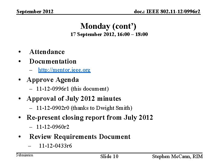 September 2012 doc. : IEEE 802. 11 -12/0996 r 2 Monday (cont’) 17 September