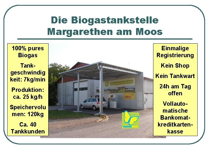 Die Biogastankstelle Margarethen am Moos 100% pures Biogas Einmalige Registrierung Tankgeschwindig keit: 7 kg/min