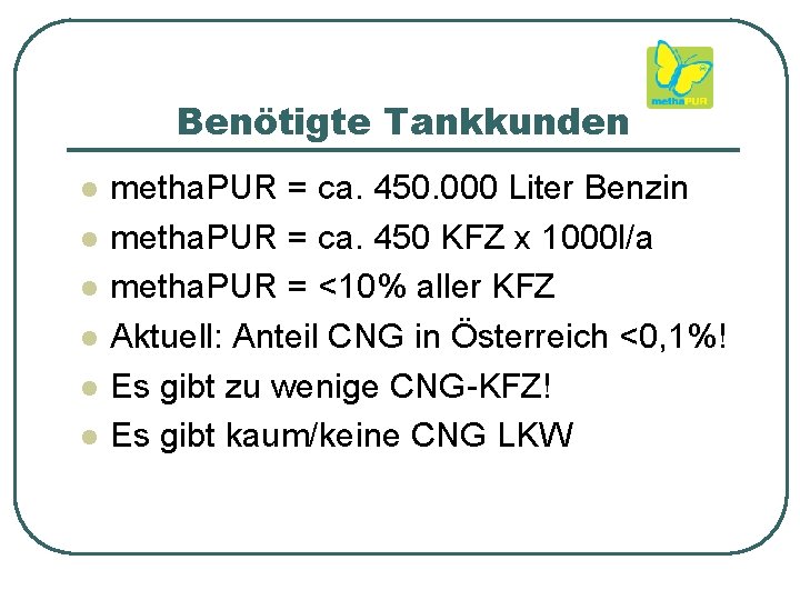 Benötigte Tankkunden l l l metha. PUR = ca. 450. 000 Liter Benzin metha.