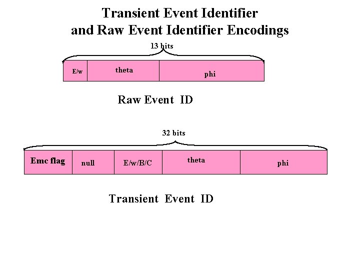 Transient Event Identifier and Raw Event Identifier Encodings 13 bits E/w theta phi Raw