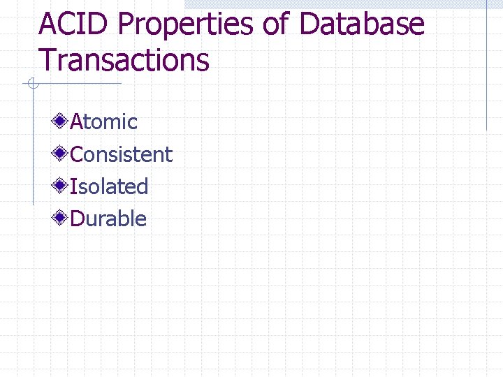 ACID Properties of Database Transactions Atomic Consistent Isolated Durable 