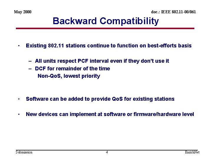 May 2000 doc. : IEEE 802. 11 -00/061 Backward Compatibility • Existing 802. 11