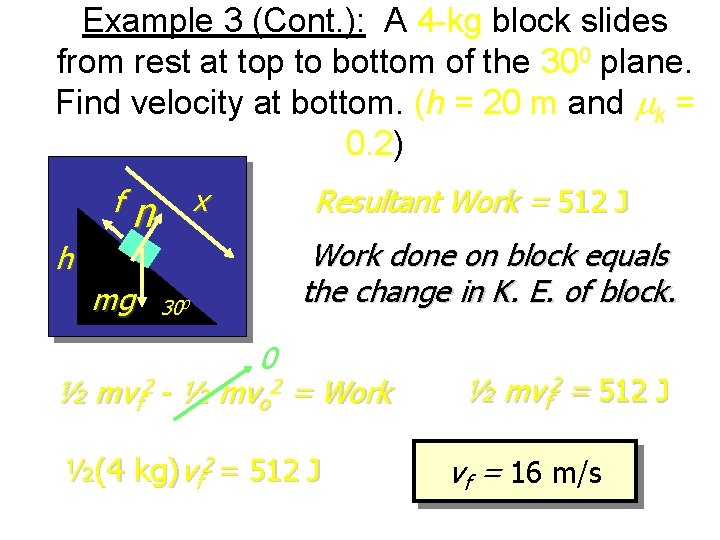Example 3 (Cont. ): A 4 -kg block slides from rest at top to