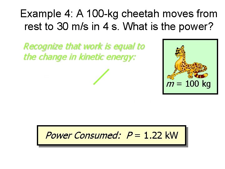 Example 4: A 100 -kg cheetah moves from rest to 30 m/s in 4