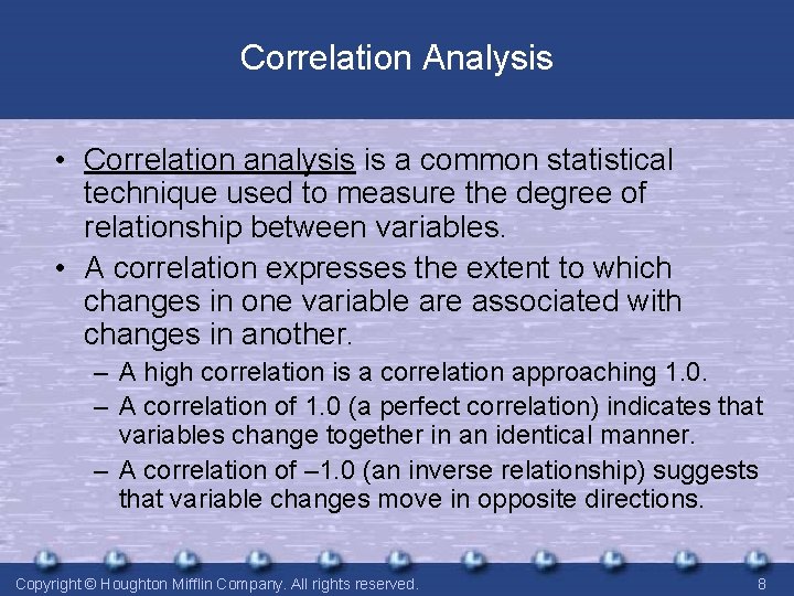 Correlation Analysis • Correlation analysis is a common statistical technique used to measure the Correlation Analysis • Correlation analysis is a common statistical technique used to measure the