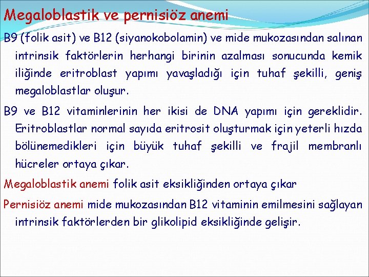 Megaloblastik ve pernisiöz anemi B 9 (folik asit) ve B 12 (siyanokobolamin) ve mide