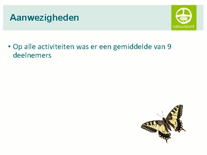 Aanwezigheden • Op alle activiteiten was er een gemiddelde van 9 deelnemers 