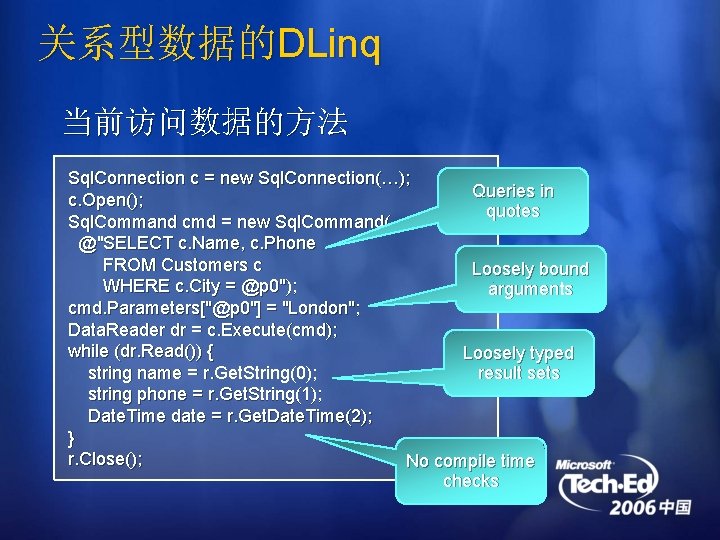 关系型数据的DLinq 当前访问数据的方法 Sql. Connection c = new Sql. Connection(…); Queries in c. Open(); quotes