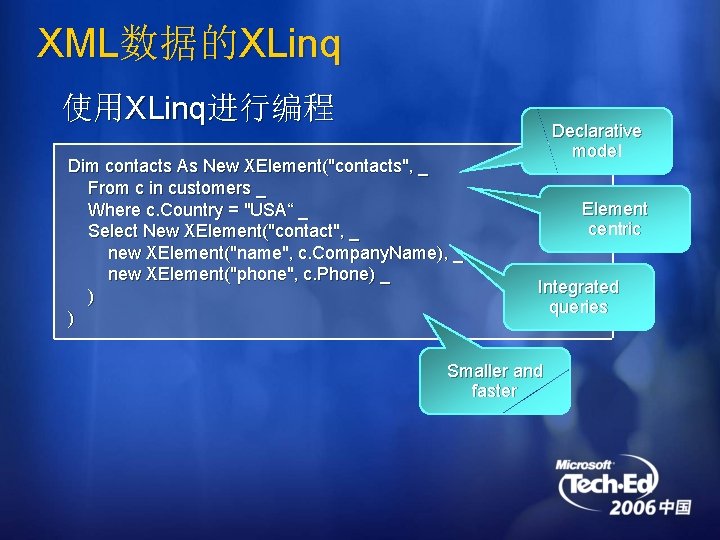XML数据的XLinq 使用XLinq进行编程 Dim contacts As New XElement("contacts", _ From c in customers _ Where