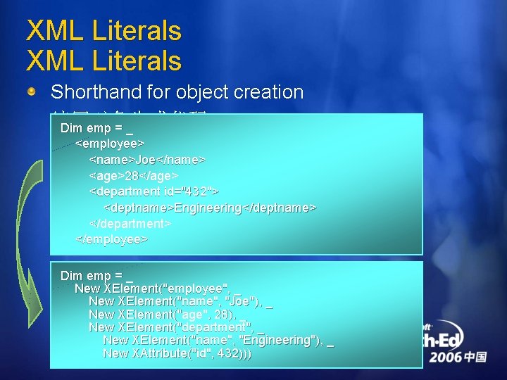 XML Literals Shorthand for object creation 编写对象生成代码 Dim emp = _ <employee> <name>Joe</name> <age>28</age>