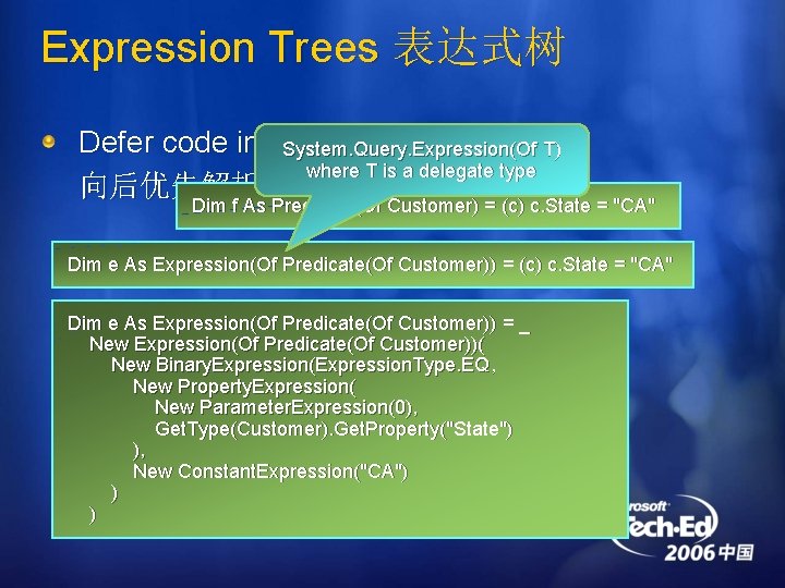 Expression Trees 表达式树 Defer code interpretation System. Query. Expression(Of T) where T is a