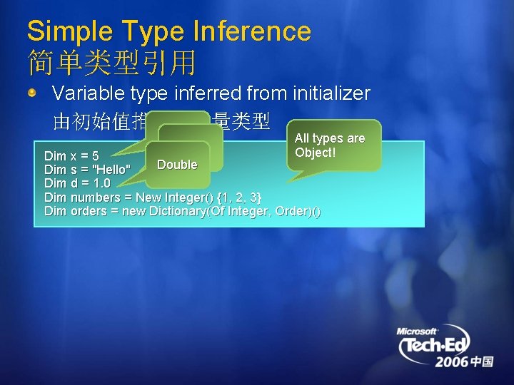 Simple Type Inference 简单类型引用 Variable type inferred from initializer 由初始值推断的变量类型 Integer String Double All
