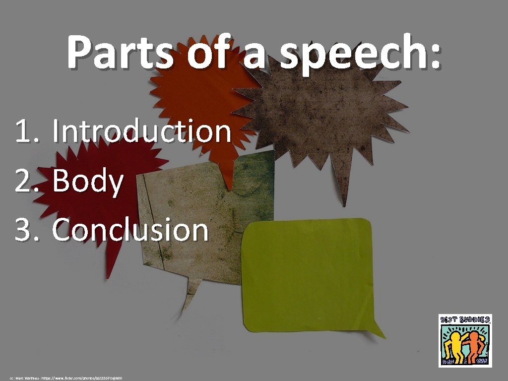 Parts of a speech: 1. Introduction 2. Body 3. Conclusion cc: Marc Wathieu -