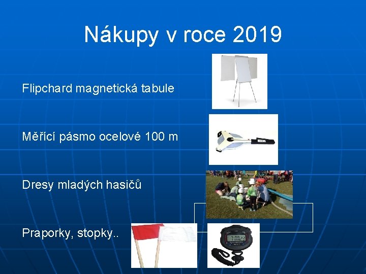 Nákupy v roce 2019 Flipchard magnetická tabule Měřící pásmo ocelové 100 m Dresy mladých