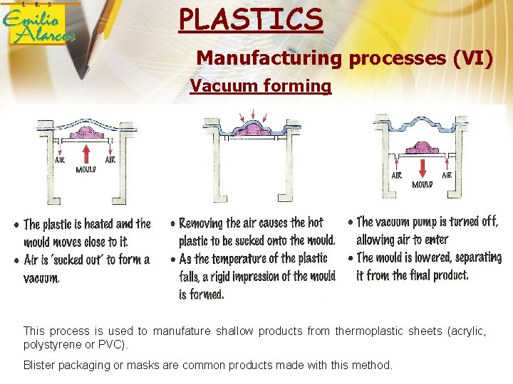 PLASTICS Manufacturing processes (VI) Vacuum forming This process is used to manufature shallow products