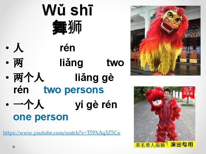 Wǔ shī 舞狮 • 人 rén • 两 liǎng two • 两个人 liǎng gè