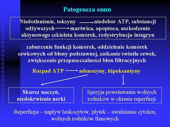 Patogeneza onnn Niedotlenienie, toksyny niedobór ATP, substancji odżywczych martwica, apoptoza, uszkodzenie aktynowego szkieletu komórek,