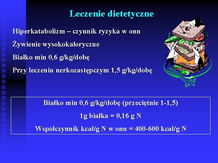 Leczenie dietetyczne Hiperkatabolizm – czynnik ryzyka w onn Żywienie wysokokaloryczne Białko min 0, 6