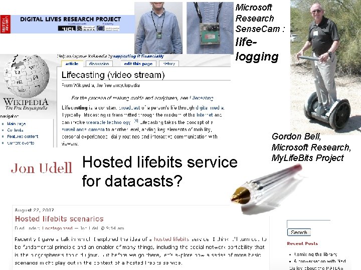 Microsoft Research Sense. Cam : lifelogging Hosted lifebits service for datacasts? Gordon Bell, Microsoft