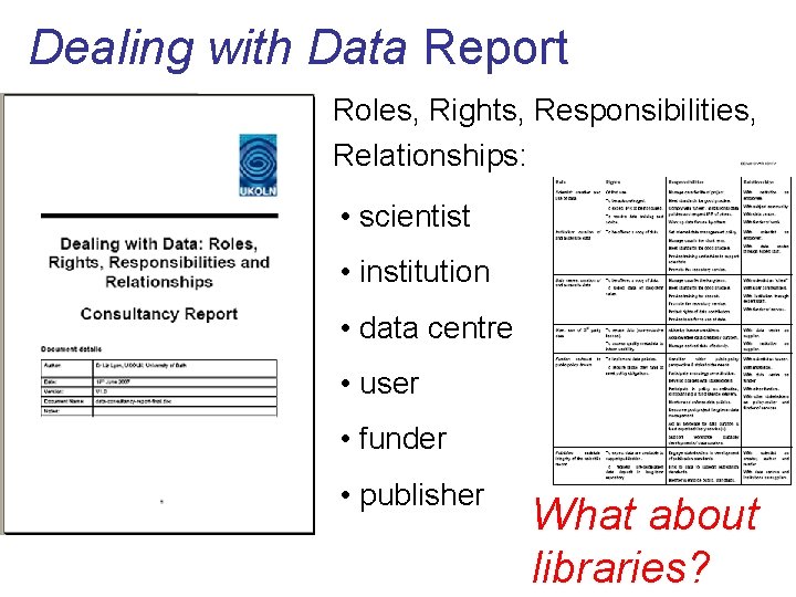 Dealing with Data Report Roles, Rights, Responsibilities, Relationships: • scientist • institution • data