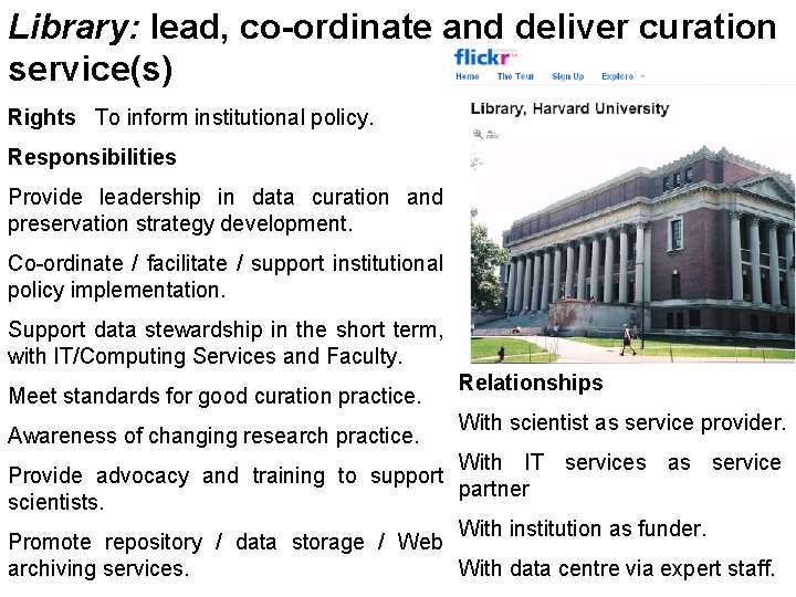 Library: lead, co-ordinate and deliver curation service(s) Rights To inform institutional policy. Responsibilities Provide